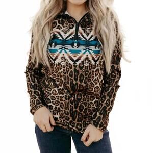 NEW STERLING KREEK leopard zip up pullover in brown multi
